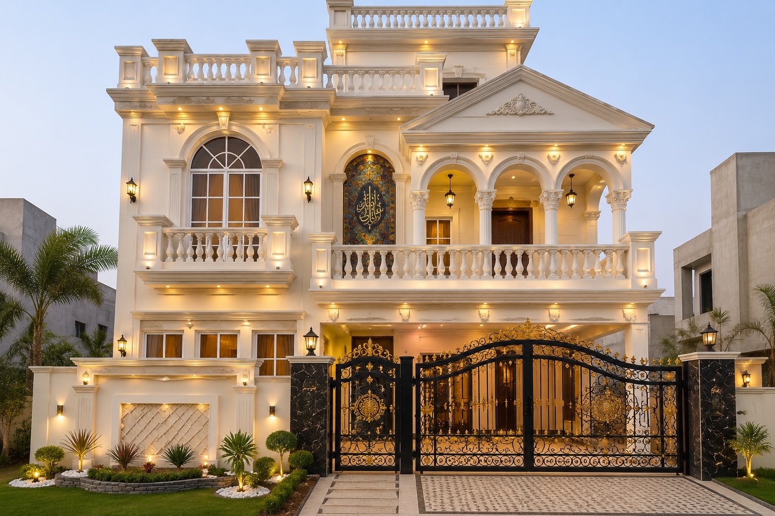 After — the finished classical villa facade in white and gold, lit at dusk