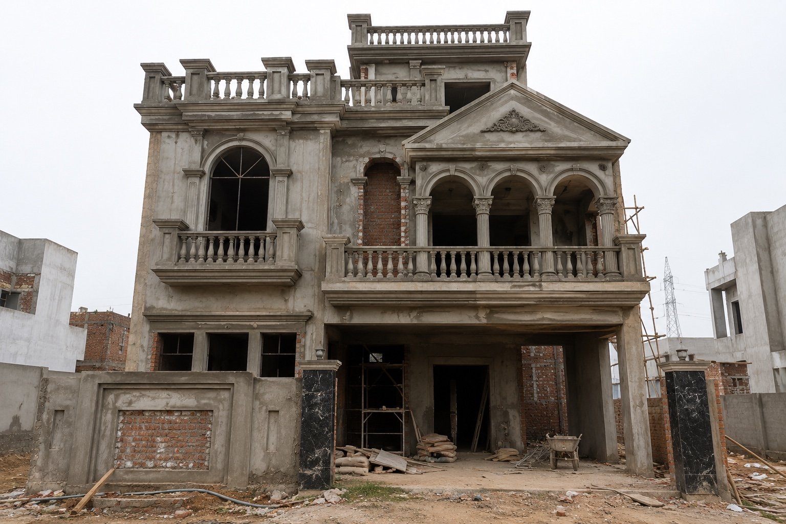 Before — a grey villa under construction in bare concrete and brick